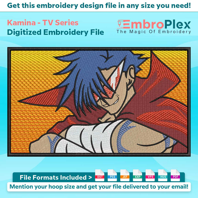 Anime-Inspired Kamina Embroidery Design File main image - This anime embroidery designs files featuring Kamina from TV Series. Digital download in DST & PES for