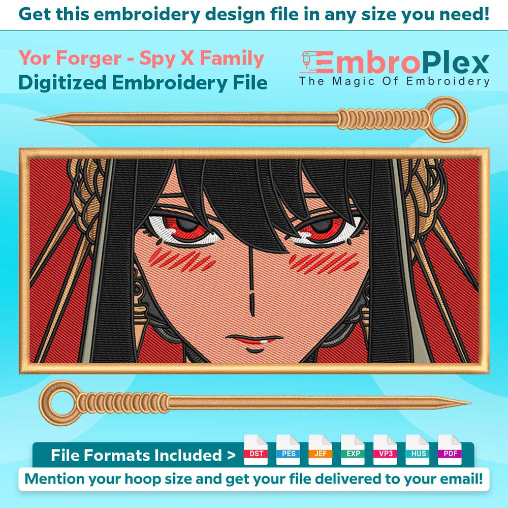 Anime-Inspired Yor Forger Embroidery Design File main image - This anime embroidery designs files featuring Yor Forger from Spy X Family. Digital download in DS