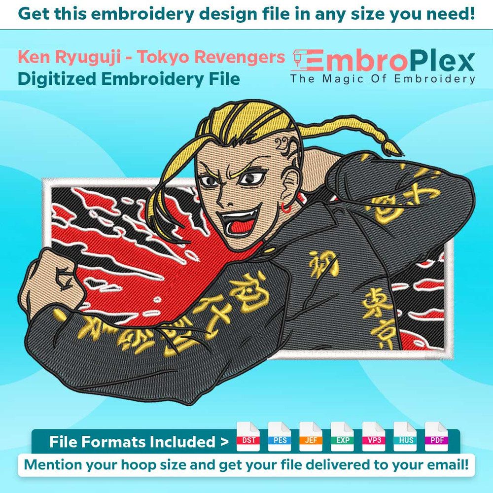 Anime-Inspired Ken Ryuguji Embroidery Design File main image - This anime embroidery designs files featuring Ken Ryuguji from Tokyo Revengers. Digital download
