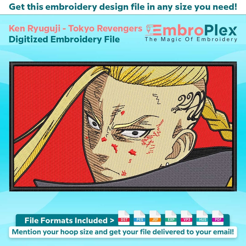 Anime-Inspired Ken Ryuguji Embroidery Design File main image - This anime embroidery designs files featuring Ken Ryuguji from Tokyo Revengers. Digital download