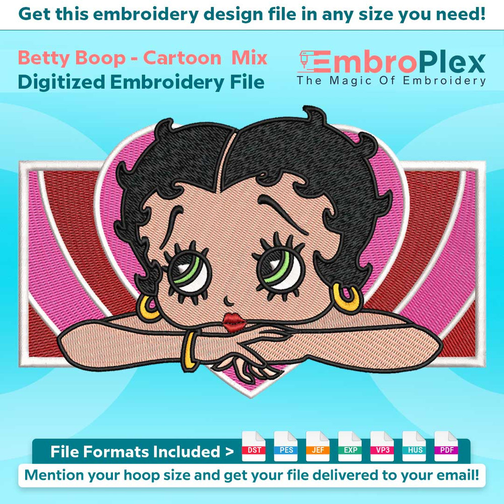 Anime-Inspired Betty Boop Embroidery Design File main image - This anime embroidery designs files featuring Betty Boop from Cartoon Mix. Digital download in DST