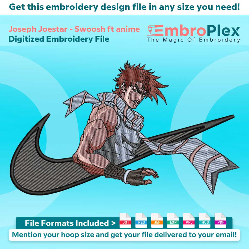 Swoosh-Inspired Joseph Joestar Embroidery Design File main image - This Swoosh embroidery designs files featuring Joseph Joestar from Swoosh. Digital download i