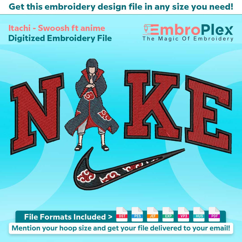 Swoosh-Inspired Itachi Embroidery Design File main image - This Swoosh embroidery designs files featuring Itachi from Swoosh. Digital download in DST & PES form