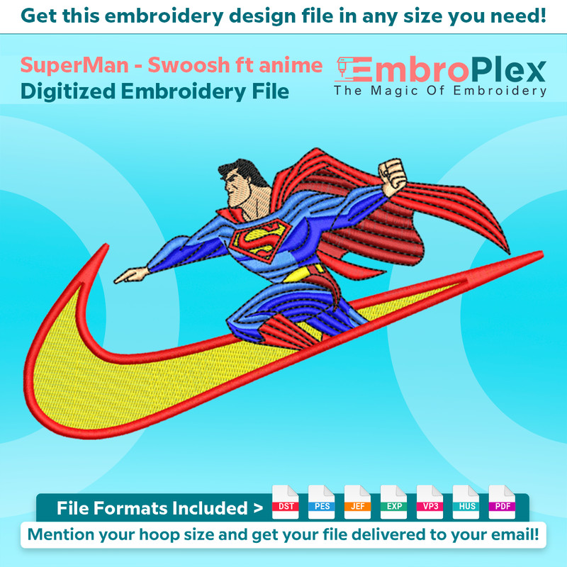 Swoosh-Inspired SuperMan Embroidery Design File main image - This Swoosh embroidery designs files featuring SuperMan from Swoosh. Digital download in DST & PES