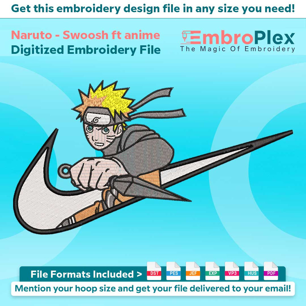 Swoosh-Inspired Naruto Embroidery Design File main image - This Swoosh embroidery designs files featuring Naruto from Swoosh. Digital download in DST & PES form