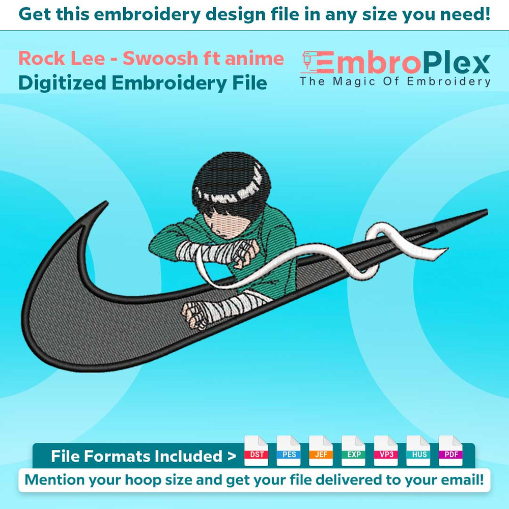 Swoosh-Inspired Rock Lee Embroidery Design File main image - This Swoosh embroidery designs files featuring Rock Lee from Swoosh. Digital download in DST & PES