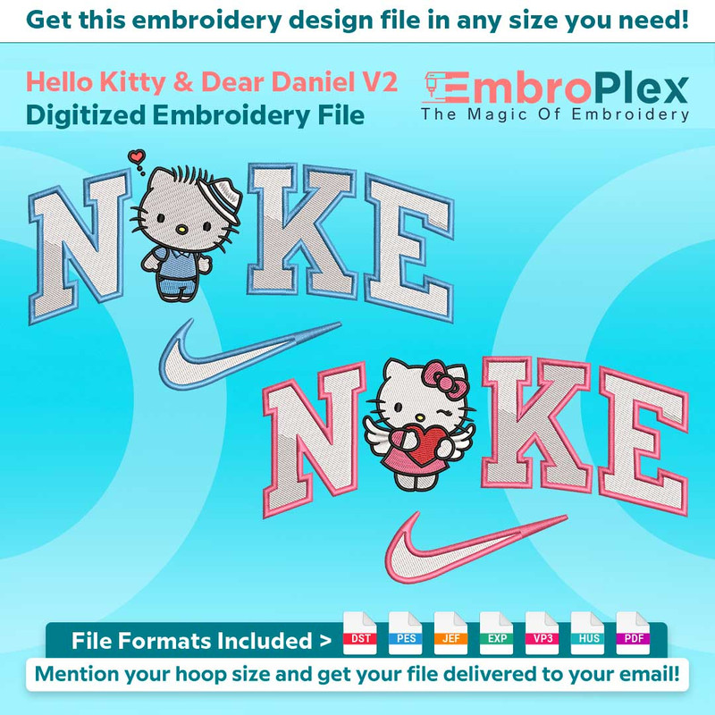 Swoosh-Inspired Hello Kitty & Dear Daniel Embroidery Design File main image - This Swoosh embroidery designs files featuring Hello Kitty & Dear Daniel from Swoo