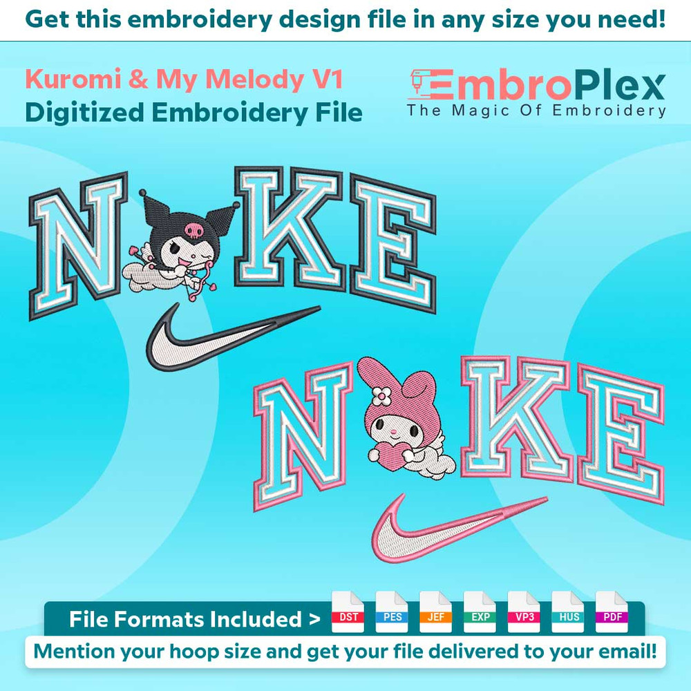 Swoosh-Inspired Kuromi & My Melody Embroidery Design File main image - This Swoosh embroidery designs files featuring Kuromi & My Melody from Swoosh. Digital do