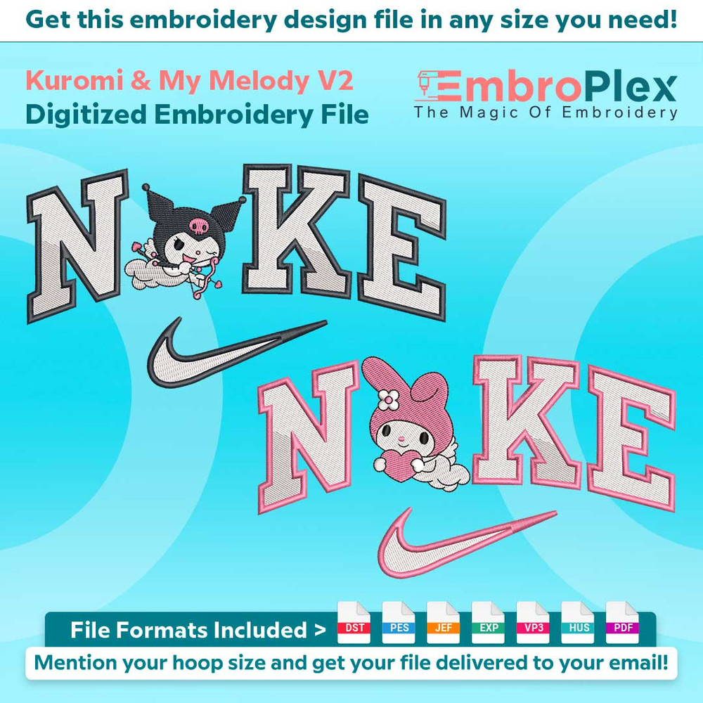 Swoosh-Inspired Kuromi & My Melody Embroidery Design File main image - This Swoosh embroidery designs files featuring Kuromi & My Melody from Swoosh. Digital do