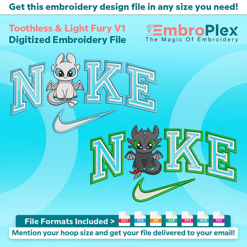 Swoosh-Inspired Toothless & Light Fury Embroidery Design File main image - This Swoosh embroidery designs files featuring Toothless & Light Fury from Swoosh. Di