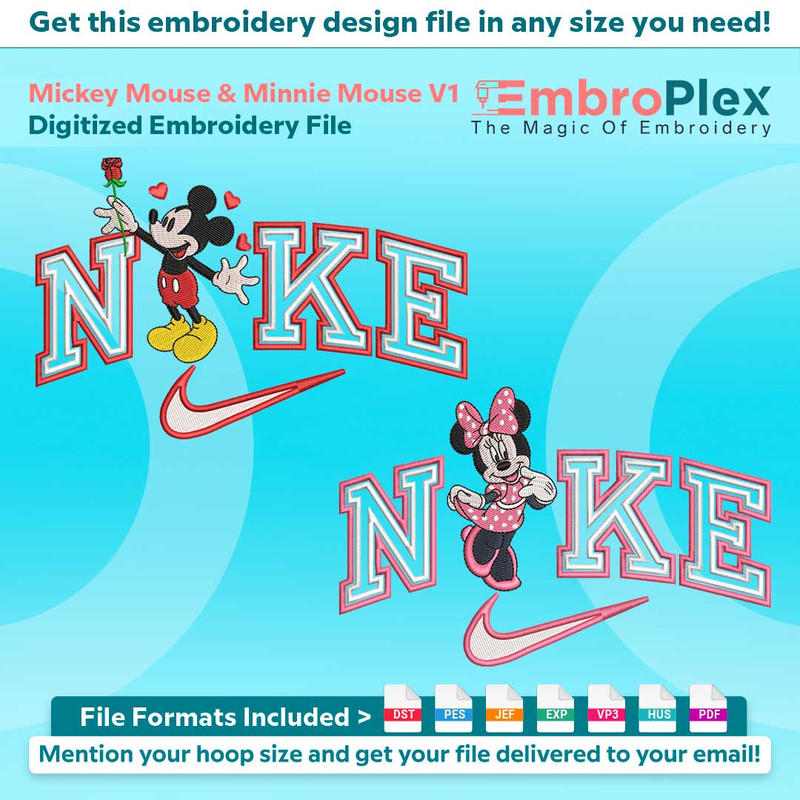 Swoosh-Inspired Mickey Mouse & Minnie Mouse Embroidery Design File main image - This Swoosh embroidery designs files featuring Mickey Mouse & Minnie Mouse from
