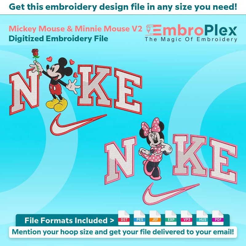Swoosh-Inspired Mickey Mouse & Minnie Mouse Embroidery Design File main image - This Swoosh embroidery designs files featuring Mickey Mouse & Minnie Mouse from
