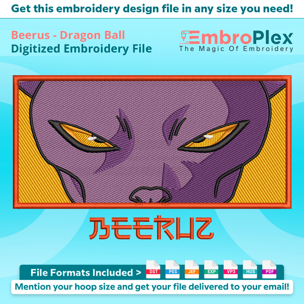Anime-Inspired Beerus Embroidery Design File main image - This anime embroidery designs files featuring Beerus from Dragon Ball. Digital download in DST & PES f