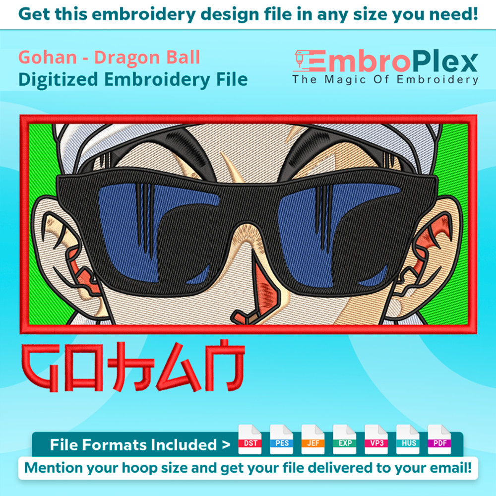 Anime-Inspired Gohan Embroidery Design File main image - This anime embroidery designs files featuring Gohan from Dragon Ball. Digital download in DST & PES for