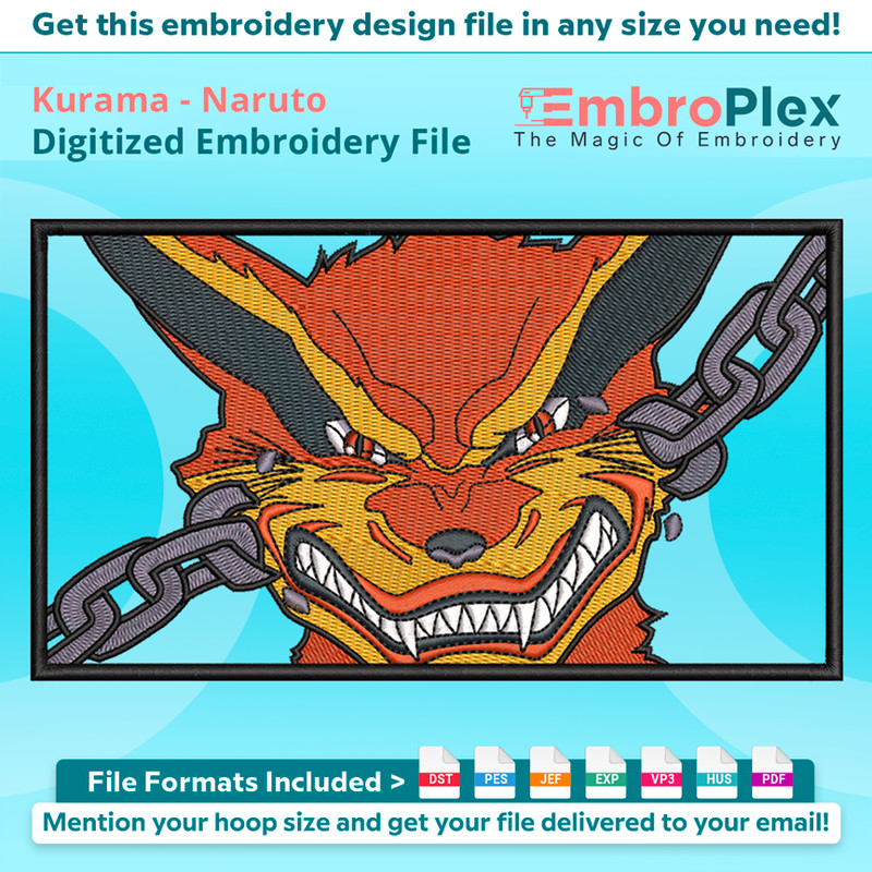 Anime-Inspired Kurama Embroidery Design File main image - This anime embroidery designs files featuring Kurama from Naruto. Digital download in DST & PES format
