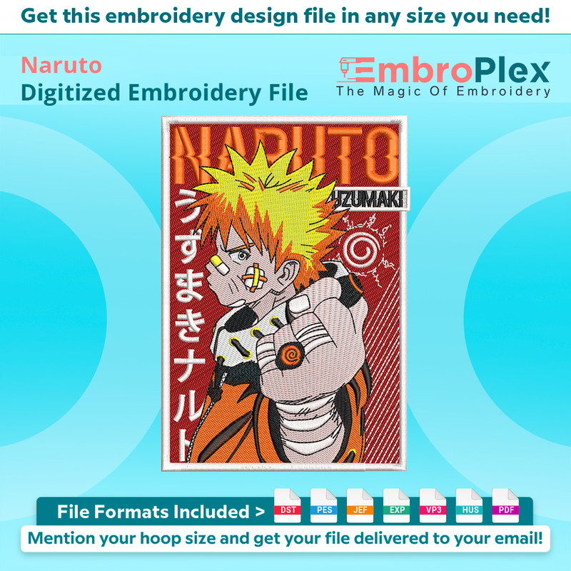 Anime-Inspired Naruto Embroidery Design File main image - This anime embroidery designs files featuring Naruto from Naruto. Digital download in DST & PES format