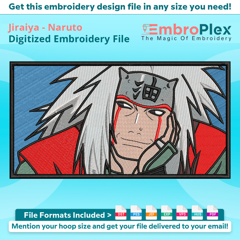 Anime-Inspired Jiraiya Embroidery Design File main image - This anime embroidery designs files featuring Jiraiya from Naruto. Digital download in DST & PES form