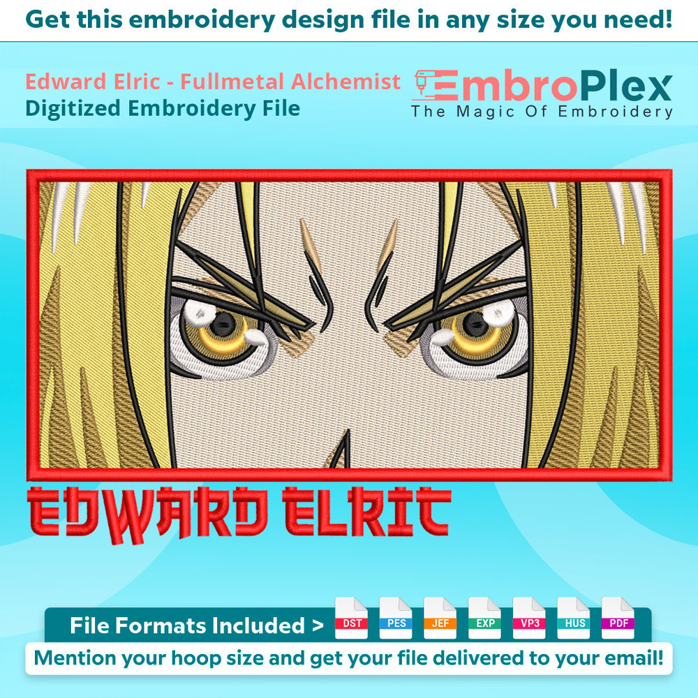 Anime-Inspired Edward Elric Embroidery Design File main image - This anime embroidery designs files featuring Edward Elric from Fullmetal Alchemist. Digital dow