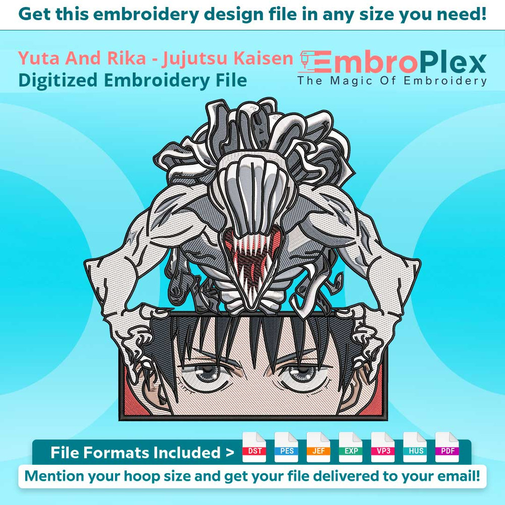 Anime-Inspired Yuta And Rika Embroidery Design File main image - This anime embroidery designs files featuring Yuta And Rika from Jujutsu Kaisen. Digital downlo