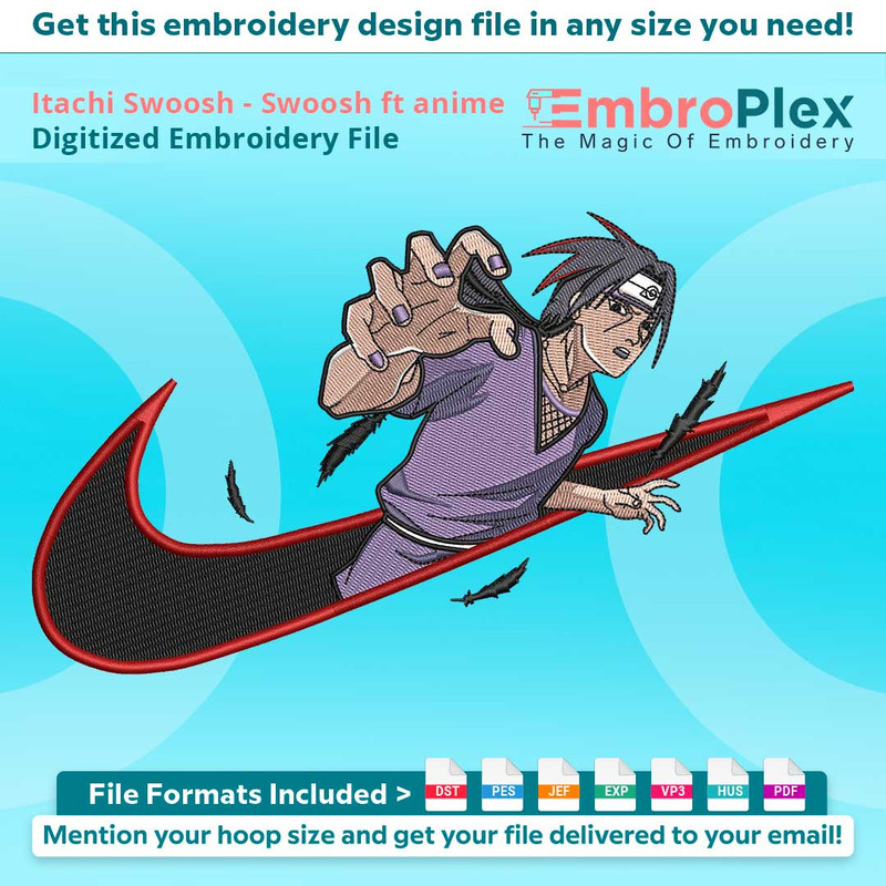 Anime-Inspired Itachi Swoosh Embroidery Design File main image - This anime embroidery designs files featuring Itachi Swoosh from Swoosh ft anime. Digital downl
