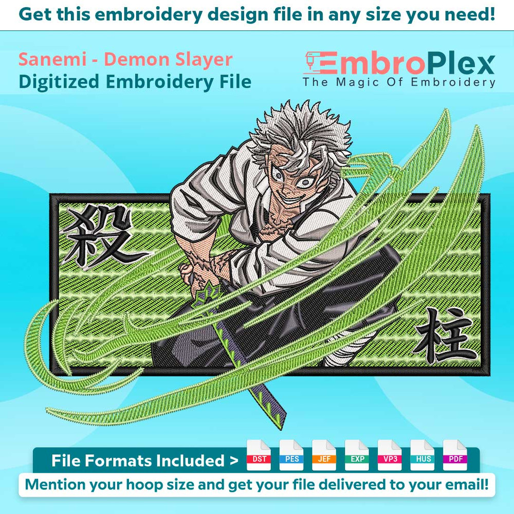 Anime-Inspired Sanemi Embroidery Design File main image - This anime embroidery designs files featuring Sanemi from Demon Slayer. Digital download in DST & PES