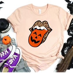 leopard print halloween lips shirt, halloween shirt, vampire lips, pumpkin lips tongue shirt, womens halloween shirt, fa