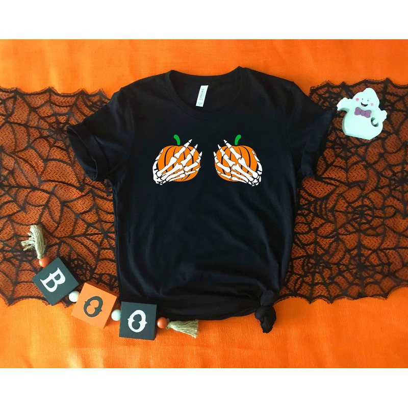 Skeleton Hands On Boobs Shirt, Halloween Shirt, Funny Boobs Shirt, Halloween Costume, Funny Halloween Women Tee, Halloween Party Shirt - 2.jpg