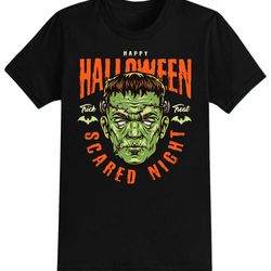 frankenstein scared night halloween t-shirt for men, women kids 100 cotton black shirt, funny scary t-shirts