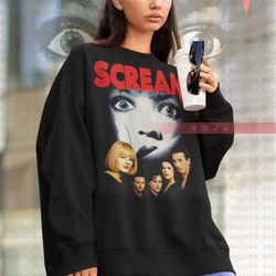 drew barrymore scream sweater, lets watch scary movie sweatshirt, horror tees, kill3r homage fan t-shirt sidney, stu mat