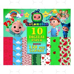 10 cocomelon digital paper clipart, watermelon rainbow, cocomelon font, cocomelon family, cocomelon characters png