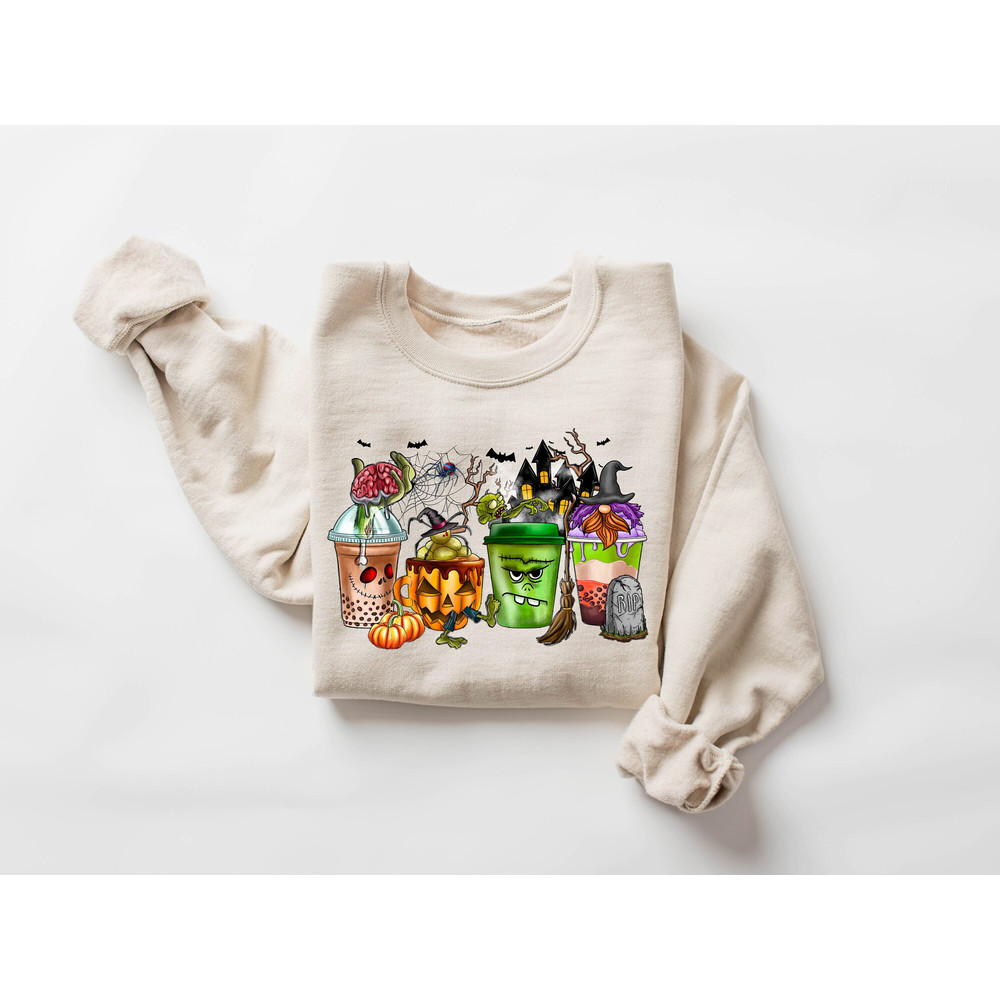 Skeleton Coffee Cups Sweatshirt, Coffee Cups Sweatshirt, Gnomes Coffee Cup Sweatshirt, Gnomes Halloween Sweatshirt, Coffee Lover Sweatshirt - 1.jpg
