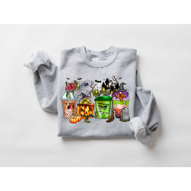Skeleton Coffee Cups Sweatshirt, Coffee Cups Sweatshirt, Gnomes Coffee Cup Sweatshirt, Gnomes Halloween Sweatshirt, Coffee Lover Sweatshirt - 2.jpg