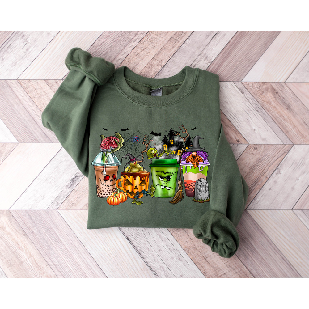 Skeleton Coffee Cups Sweatshirt, Coffee Cups Sweatshirt, Gnomes Coffee Cup Sweatshirt, Gnomes Halloween Sweatshirt, Coffee Lover Sweatshirt - 4.jpg