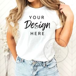white bella canvas 3001 mock, tshirt mockup, styled shirt mockup, fall mockup, womens tee mock, white t-shirt mockup, wh