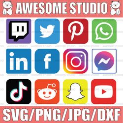 Social Media Network Icons 12 Logos SVG| Facebook | Messanger | Instagram | Pinterest | Twitch | YouTube | Twitter