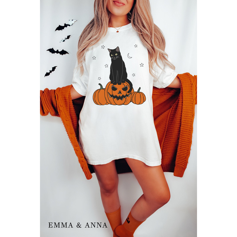 Comfort Colors Halloween Shirt, Black Cat on Pumpkin Shirt, Fall Shirts, Spooky Season Shirt, Halloween Oversized Tshirt, Black Cat Shirt - 2.jpg