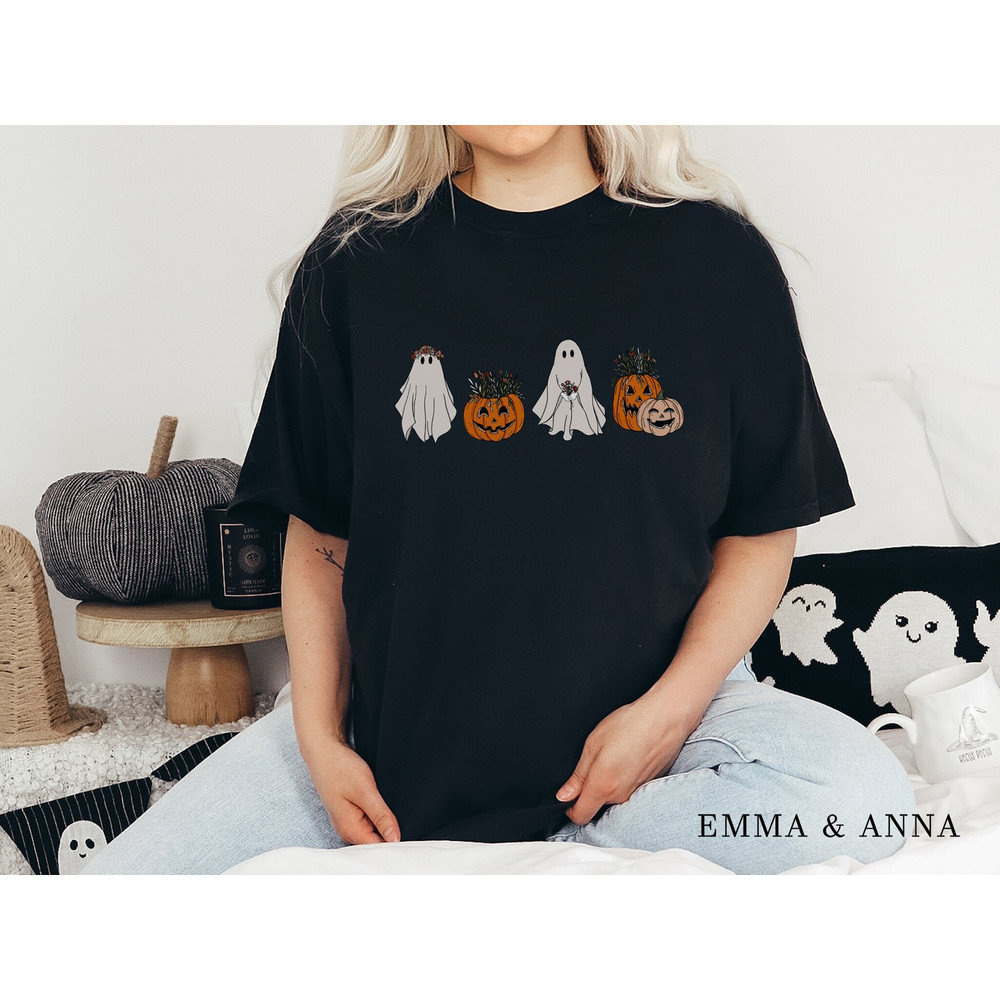 Comfort Colors Halloween Shirt, Oversized Halloween Tee, Floral Ghost Shirt, Halloween Tshirt, Fall Shirts, Pumpkin Shirt, Spooky Season - 1.jpg
