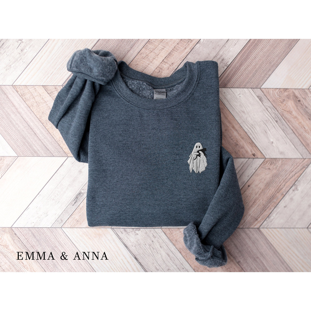 Embroidered Ghost Sweatshirt, Halloween Sweatshirt, Black Cat, Fall Sweatshirt for Women, Halloween Crewneck, Ghost Shirt, Spooky Season - 2.jpg