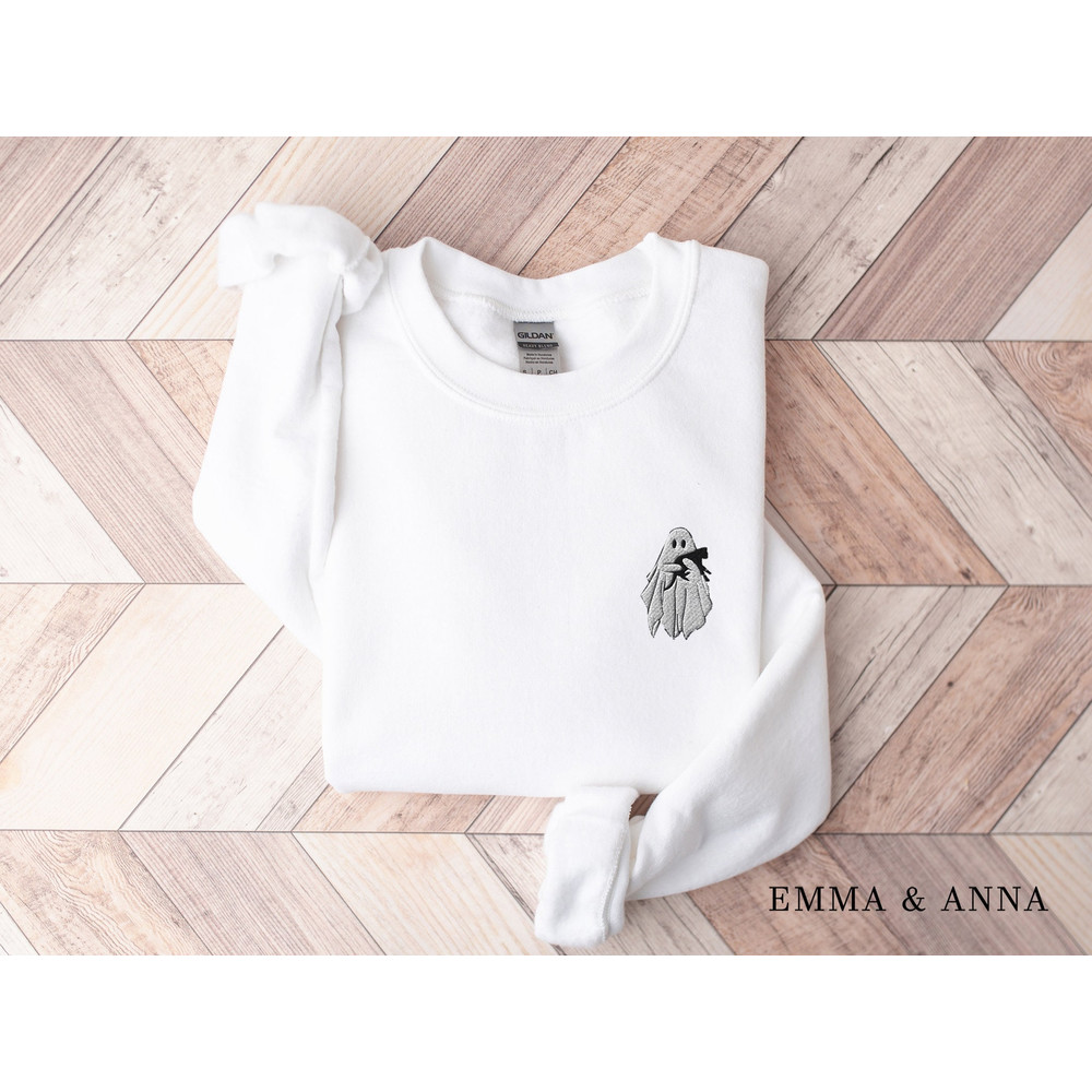 Embroidered Ghost Sweatshirt, Halloween Sweatshirt, Black Cat, Fall Sweatshirt for Women, Halloween Crewneck, Ghost Shirt, Spooky Season - 3.jpg
