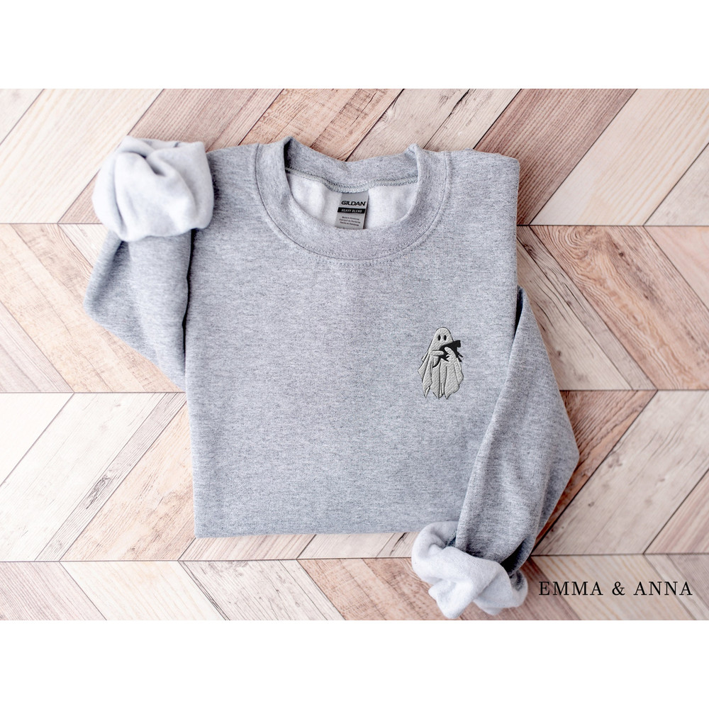 Embroidered Ghost Sweatshirt, Halloween Sweatshirt, Black Cat, Fall Sweatshirt for Women, Halloween Crewneck, Ghost Shirt, Spooky Season - 4.jpg