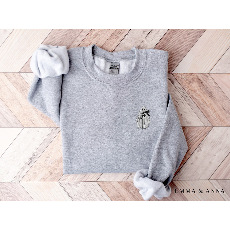 Embroidered Ghost Sweatshirt, Halloween Sweatshirt, Black Cat, Fall Sweatshirt for Women, Halloween Crewneck, Ghost Shirt, Spooky Season - 4.jpg
