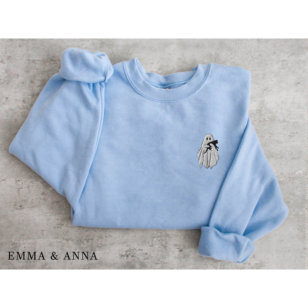Embroidered Ghost Sweatshirt, Halloween Sweatshirt, Black Cat, Fall Sweatshirt for Women, Halloween Crewneck, Ghost Shirt, Spooky Season - 5.jpg