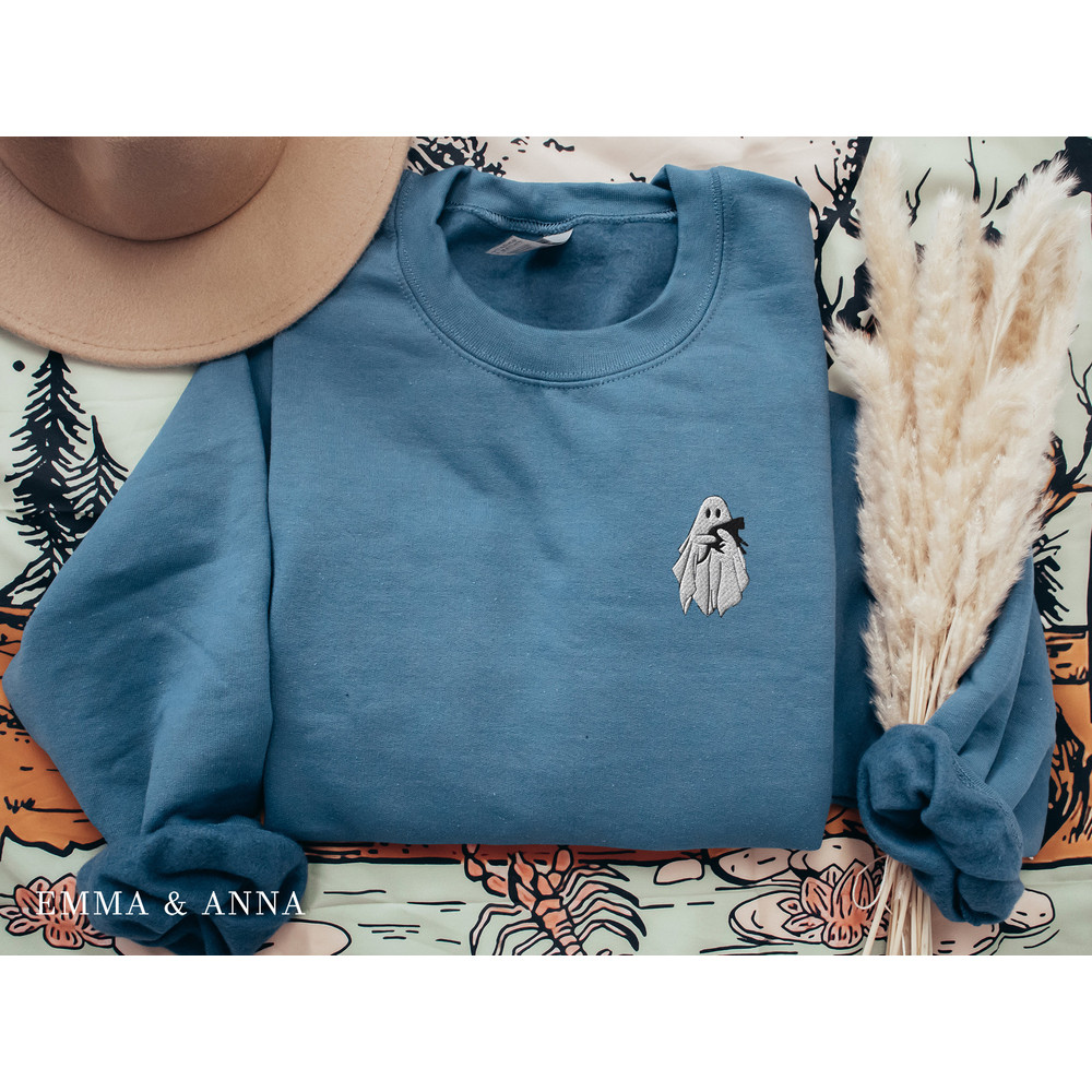 Embroidered Ghost Sweatshirt, Halloween Sweatshirt, Black Cat, Fall Sweatshirt for Women, Halloween Crewneck, Ghost Shirt, Spooky Season - 6.jpg