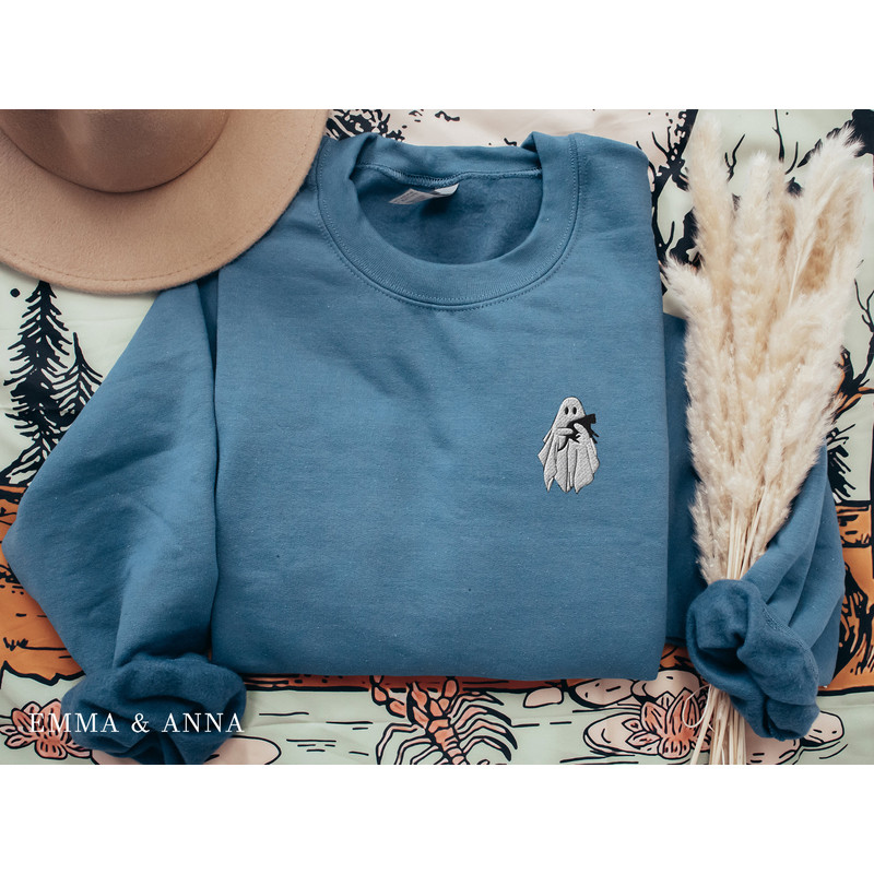 Embroidered Ghost Sweatshirt, Halloween Sweatshirt, Black Cat, Fall Sweatshirt for Women, Halloween Crewneck, Ghost Shirt, Spooky Season - 6.jpg