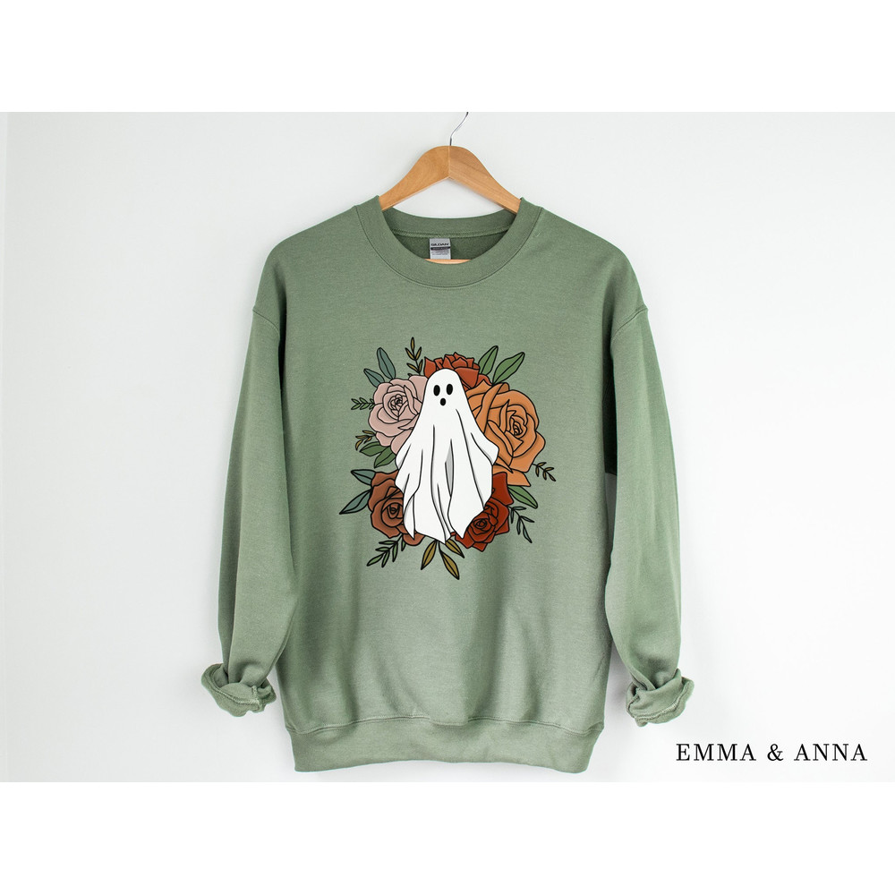 Floral Ghost Sweatshirt, Floral Ghost Shirt, Halloween Sweatshirt, Ghost Sweatshirt, Halloween Crewneck, Ghost Shirt, Halloween Party Shirt - 1.jpg