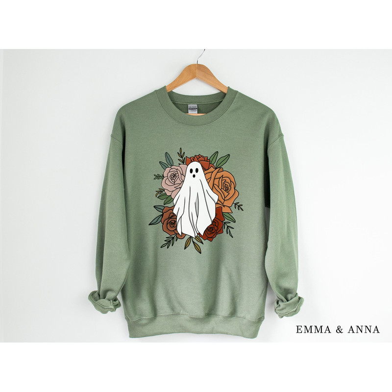 Floral Ghost Sweatshirt, Floral Ghost Shirt, Halloween Sweatshirt, Ghost Sweatshirt, Halloween Crewneck, Ghost Shirt, Halloween Party Shirt - 1.jpg