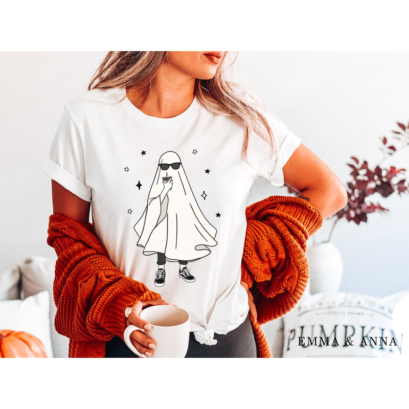 Ghost Shirt, Halloween Shirt, Fall Shirts, Ghost Drinking Coffee Shirt, Retro Halloween Shirt, Funny Halloween Shirt, Spooky Season - 4.jpg
