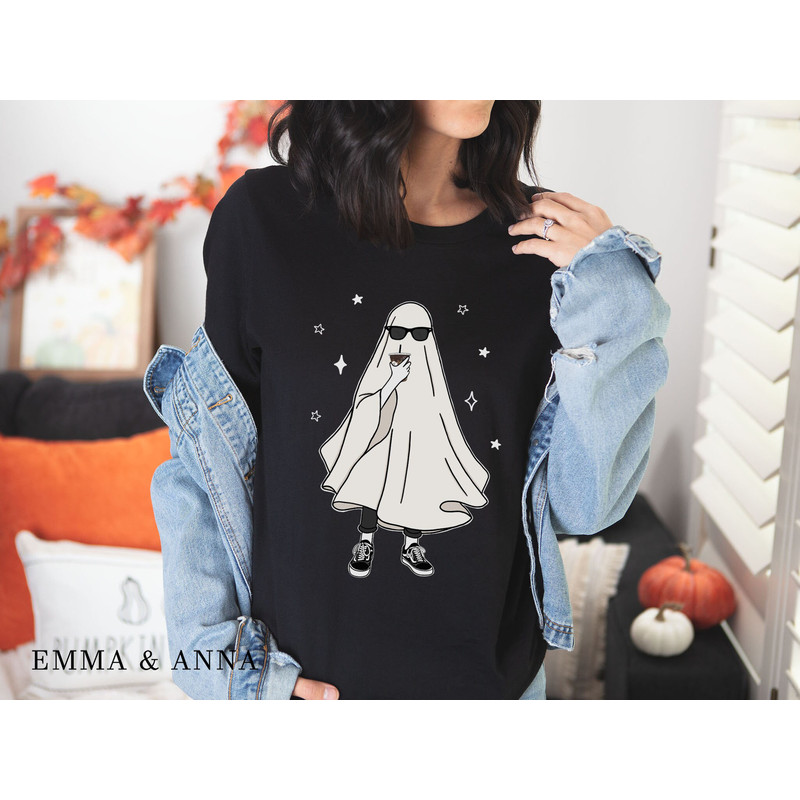 Ghost Shirt, Halloween Shirt, Fall Shirts, Ghost Drinking Coffee Shirt, Retro Halloween Shirt, Funny Halloween Shirt, Spooky Season - 5.jpg