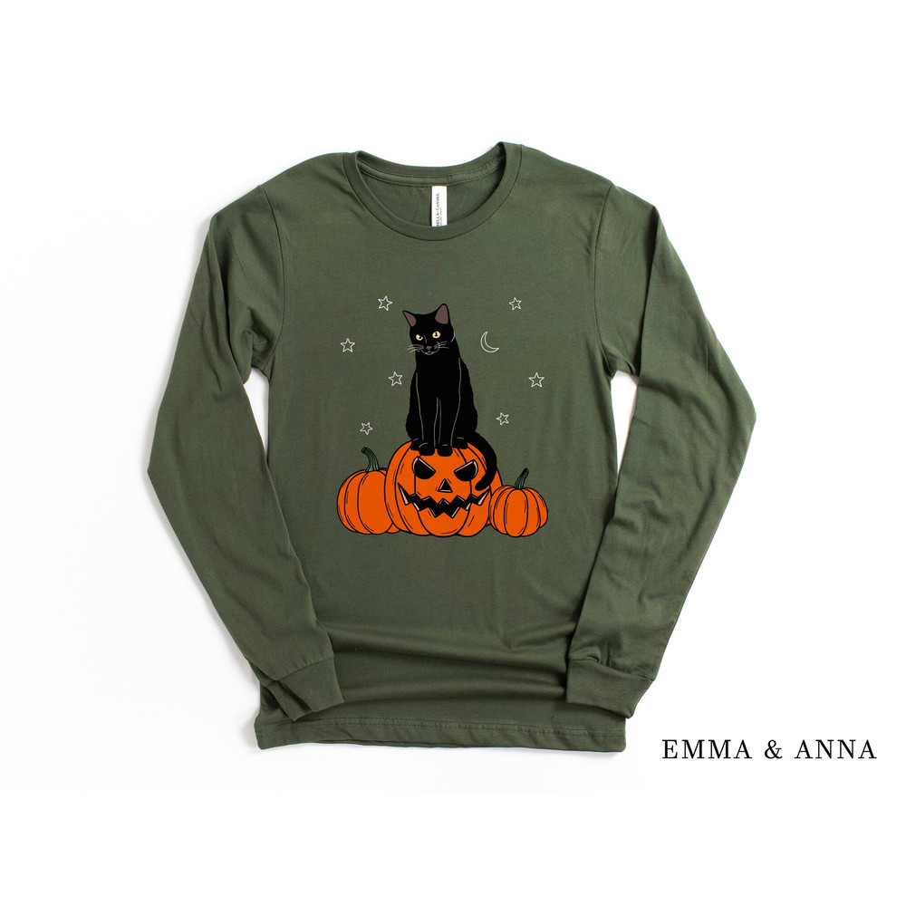 Halloween Cat Shirt, Long Sleeve Halloween Shirt, Fall Shirts for Women, Halloween Black Cat Shirt, Black Cat on Pumpkin, Pumpkin Shirt - 2.jpg