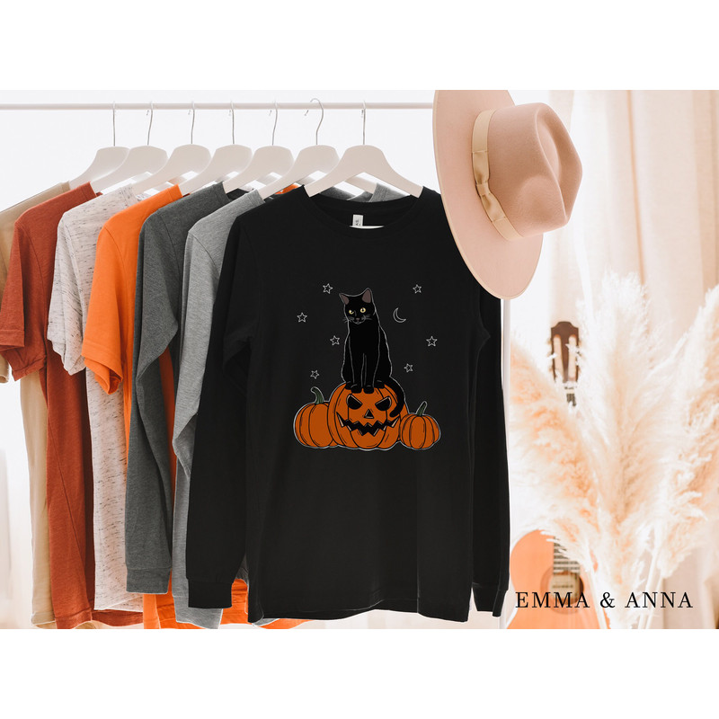 Halloween Cat Shirt, Long Sleeve Halloween Shirt, Fall Shirts for Women, Halloween Black Cat Shirt, Black Cat on Pumpkin, Pumpkin Shirt - 3.jpg